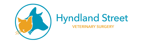 Logo of Hyndland Street Veterinary Surgery featuring silhouettes of an orange cat and a blue dog within a circle, with the surgery's name in blue and orange text alongside.
